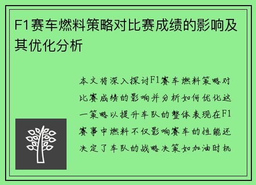 F1赛车燃料策略对比赛成绩的影响及其优化分析