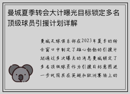 曼城夏季转会大计曝光目标锁定多名顶级球员引援计划详解