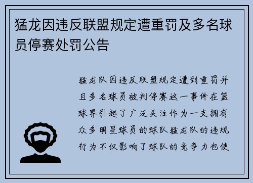 猛龙因违反联盟规定遭重罚及多名球员停赛处罚公告